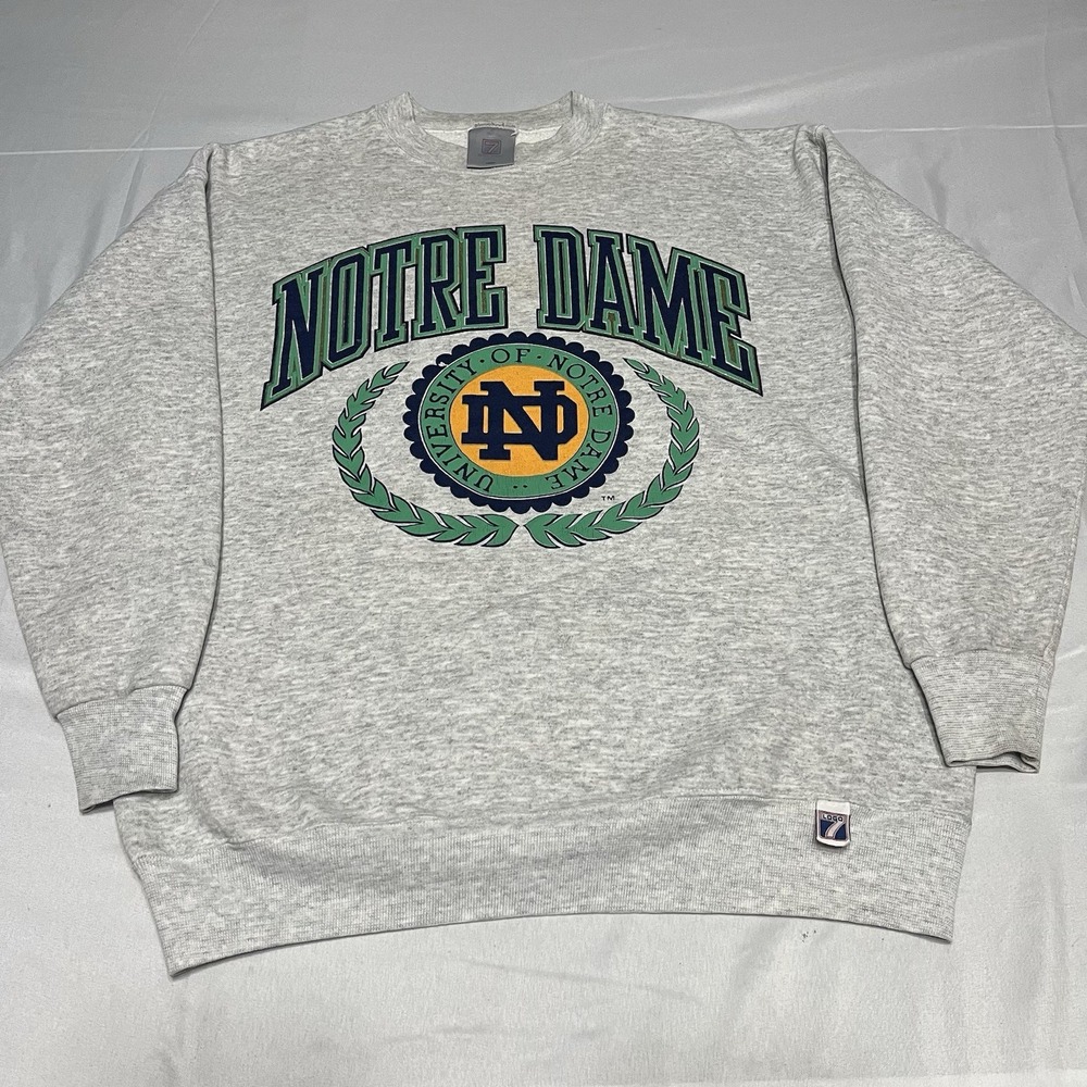 Vintage 90s Logo7 Notre Dame Fighting Irish Sweatshirt Adult Large Gray